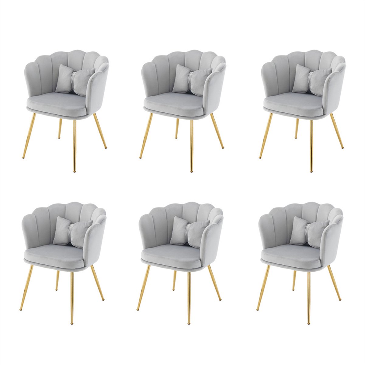 YEHTOKHOME Velvet Eetkamerstoelen set van 6 met armleuning, Bureaustoel, Make-upstoel, Ergonomisch, Fauteuil, Fluwelen stoel met bloemblad-rugleuning, Vergulde metalen poten, Vlinderkussens, Grijs
