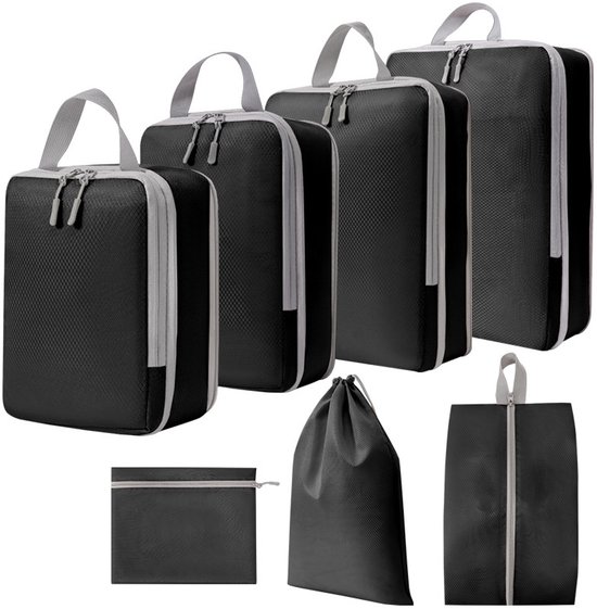 Packing Cubes - Compression - 7-delig - tasorganizers voor rugtas, weekendtas en koffer - Organizerset - Kleding - Toitlet spullen - Schoenentas - Trekkoordzak - Kamperen - Reizen