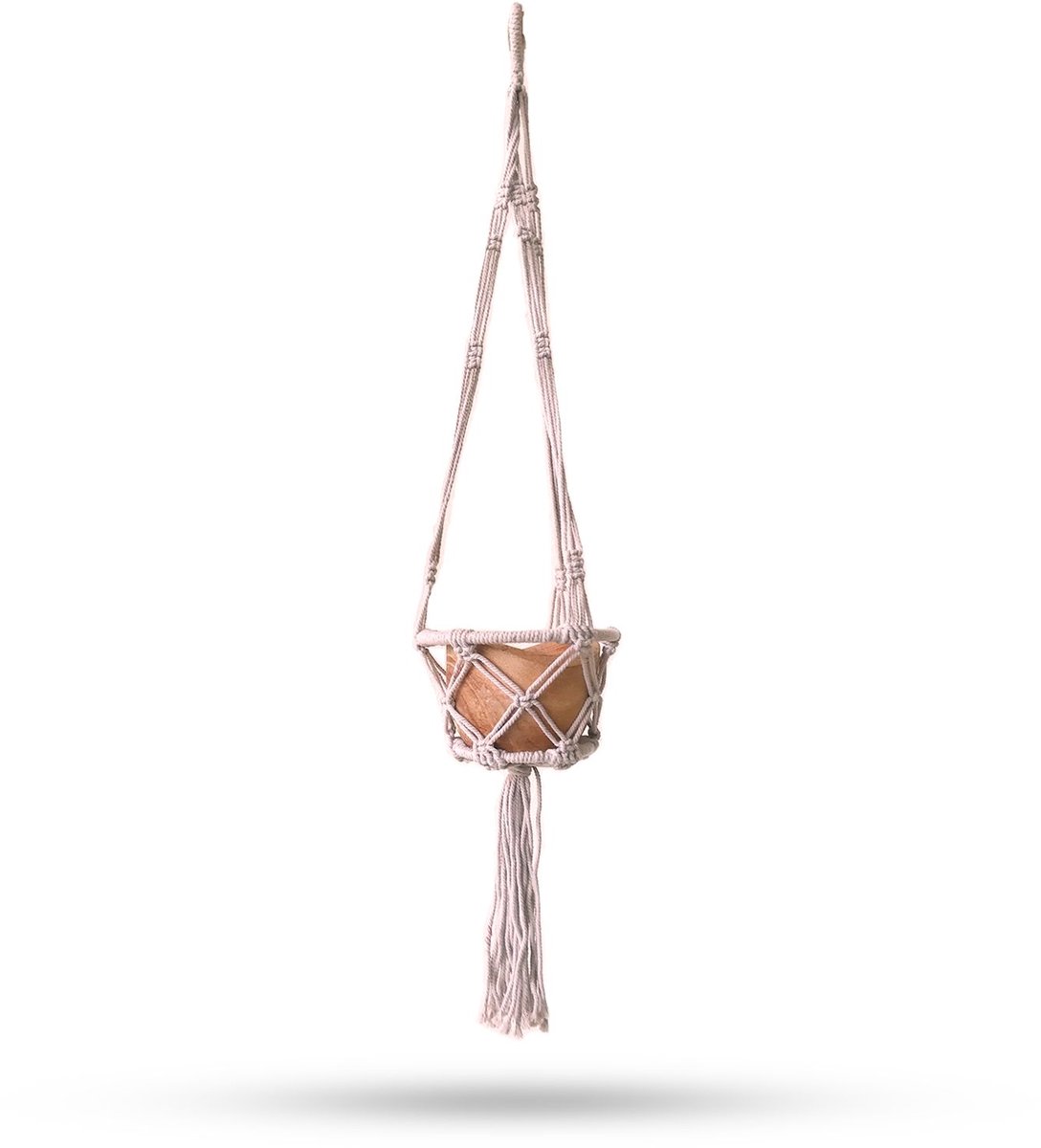 Macramé pannenlap met hoepel, klein - beige - 16 cm hoepel