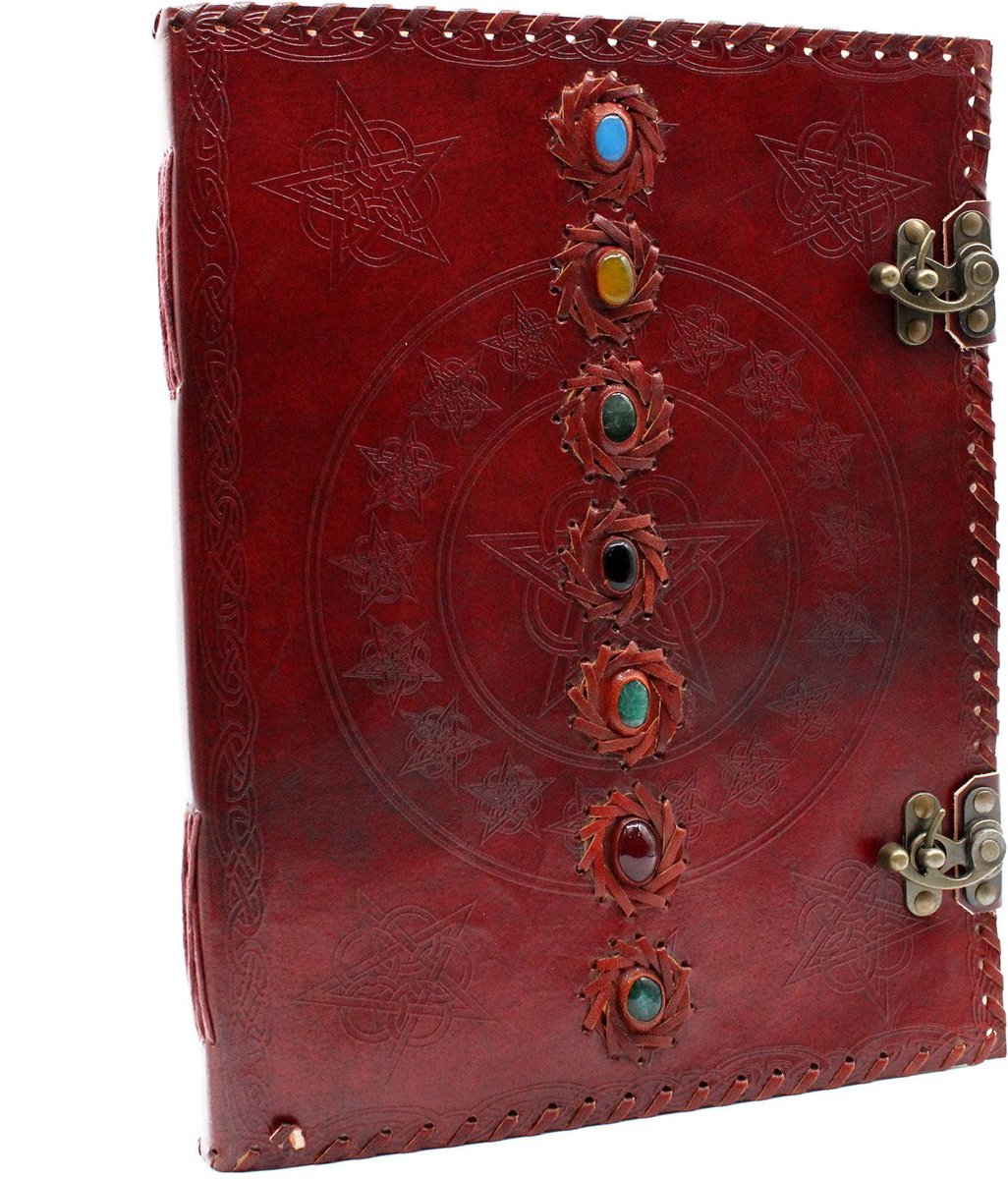Leren Bezoekersboek Groot - Notitieboek - 7 Chakra - Handgemaakt - 25x32.5cm - 200 Pagina's