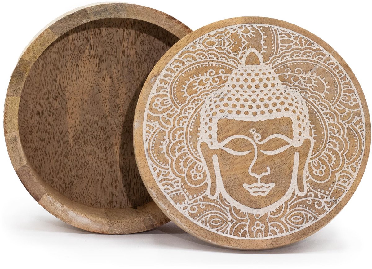 Houten doos - Rond- Mangohout - Buddha -Whitewash