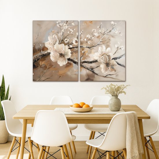 Tableau sur toile 120x80 cm - Décoration murale diptyque - Blossom - Beige - Abstrait - Fleurs - Décoration murale salon - Décoration chambre - Accessoires chambre - Peintures sur toile
