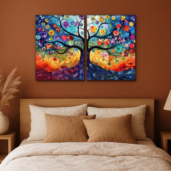 Ensemble de peintures sur toile 120x80 cm - Décoration murale diptyque - Coloré - Arbre de vie - Fleurs - Abstrait - Décoration murale salon - Décoration chambre - Accessoires chambre - Peintures sur toile