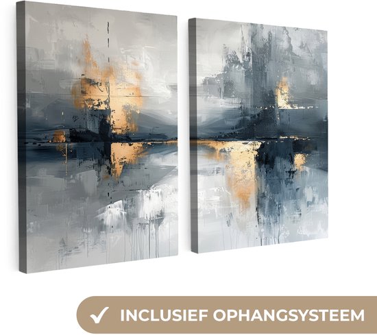 Twee abstracte schilderijen met grijze, donkere en gouden tinten.