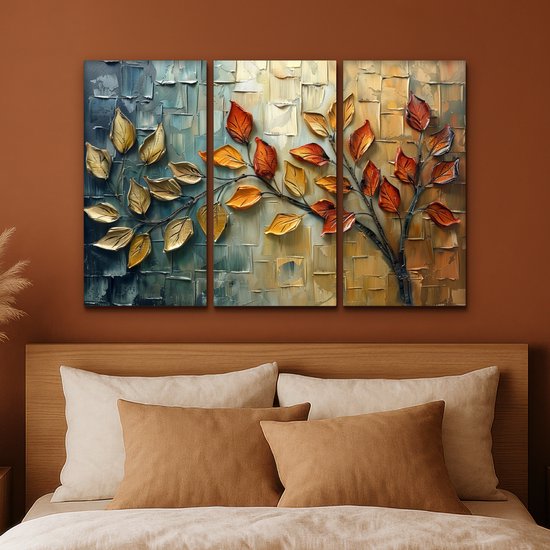 Ensemble de peinture sur toile 120x80 cm - Décoration murale triptyque - Arbre - Feuilles - Nature - Aspect peinture - Décoration murale murale salon - Décoration chambre - Accessoires chambre - Peintures sur toile