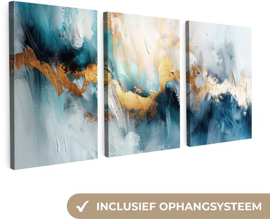 Ensemble de peinture sur toile 120x60 cm - Triptyque de Décoration murale - Blauw - Abstrait - Wit - Or - Peinture - Décoration murale salon - Décoration chambre - Accessoires chambre - Peintures sur toile