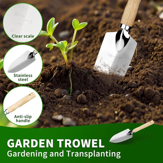 Tuingereedschapset, hoogwaardige 5-delige, zware tuingereedschapset, inclusief schep, handhark, verplanter, grote troffel en 5-klauws cultivator, gemaakt van roestvrij staal met antislip houten handgrepen van Merkloos	 — afbeelding 3