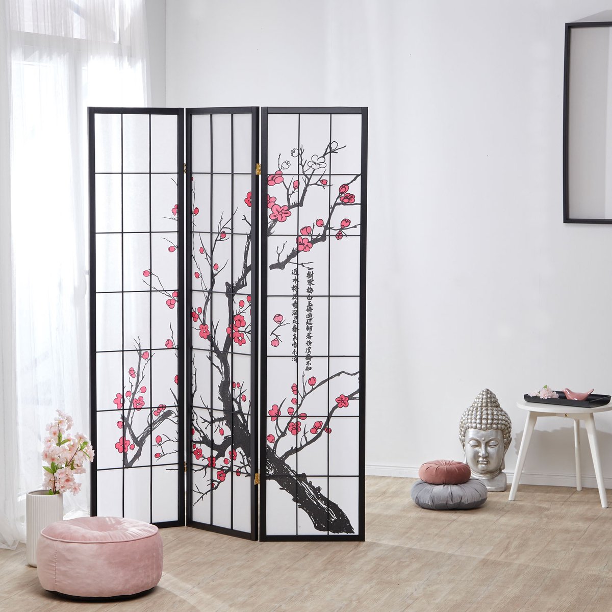 Homestyle4u Kamerscherm - 132x179 cm - zwart - 3-delig - kersenpatroon