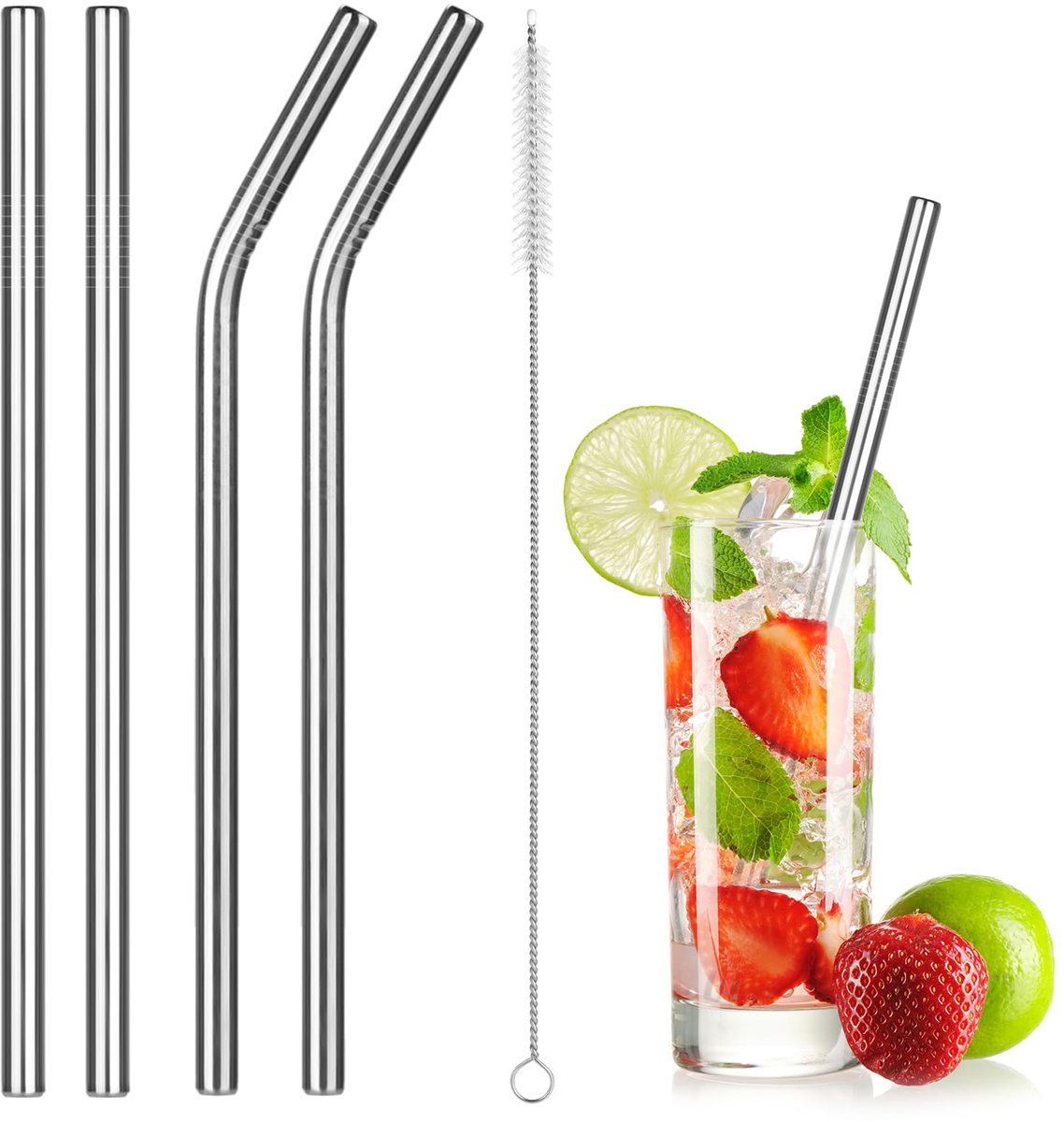Ibenzoa® Herbruikbare metalen rietjes set van vier voor diverse dranken en cocktails