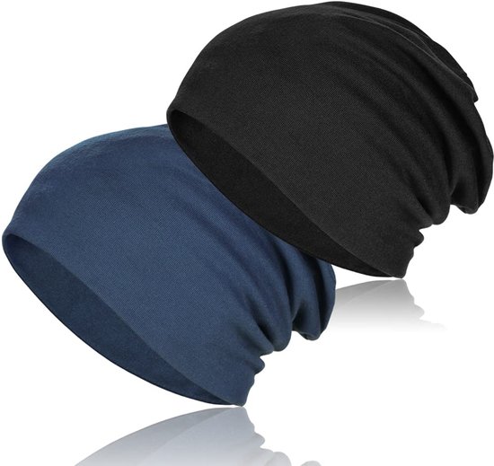 2 Chapeaux en coton doux et spacieux, Chapeaux à col haut, Berets élastiques, chapeaux de chimio, adaptés aux hommes et aux femmes - Zwart et bleu marine