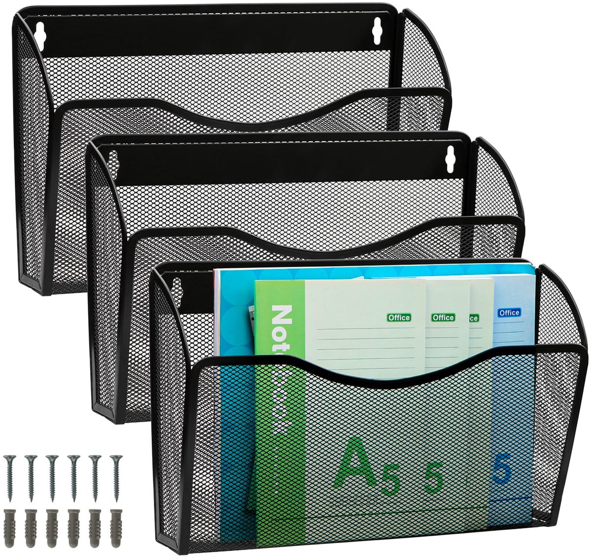 Ibenzoa Metalen wandorganizer met drie vakken voor documenten en tijdschriften Zwart