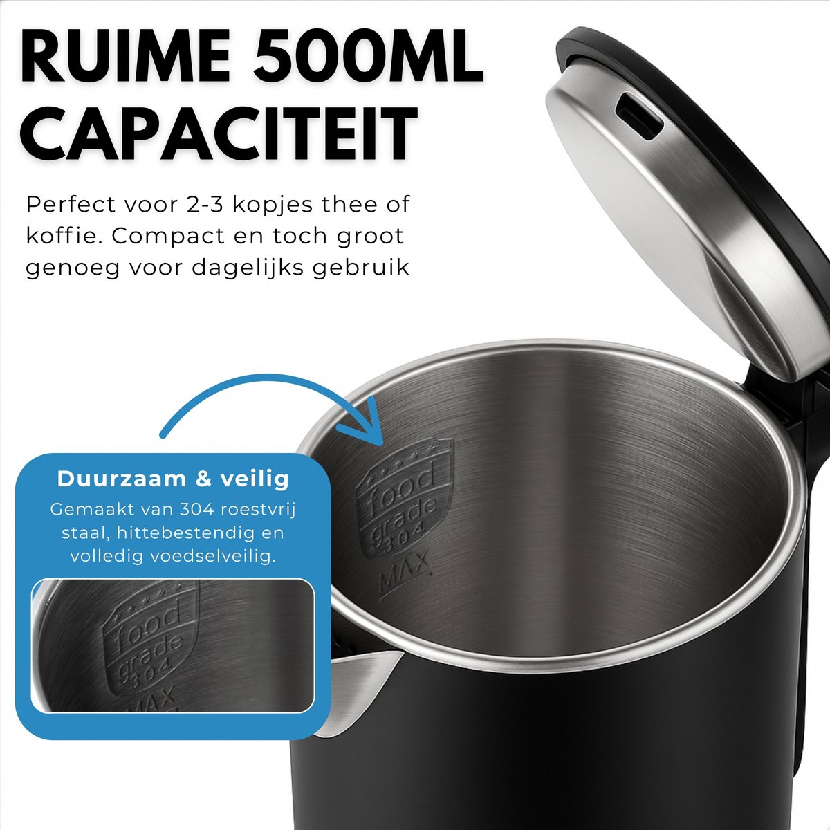 Boncy® Premium Mini Waterkoker - 0.5 Liter - Kleine Reiswaterkoker RVS Zwart - Reis Waterkokers voor Camping Hotel Senioren - Klein Draagbare Travel Water Koker Grijs - 0,5 L Retro — afbeelding 5