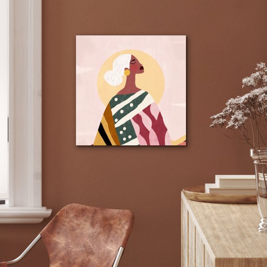 Aluminium schilderij 50x50 cm - Wanddecoratie metaal - Vrouw - Zon - Kleurrijk - Metalen muurdecoratie woonkamer - Decoratie industrieel - Foto op dibond - Industriële accessoires slaapkamer