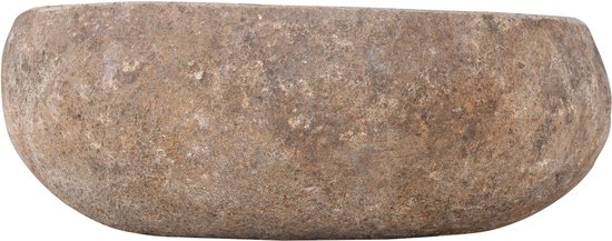 Une vasque ronde en pierre naturelle grise avec une surface brute mouchetée.