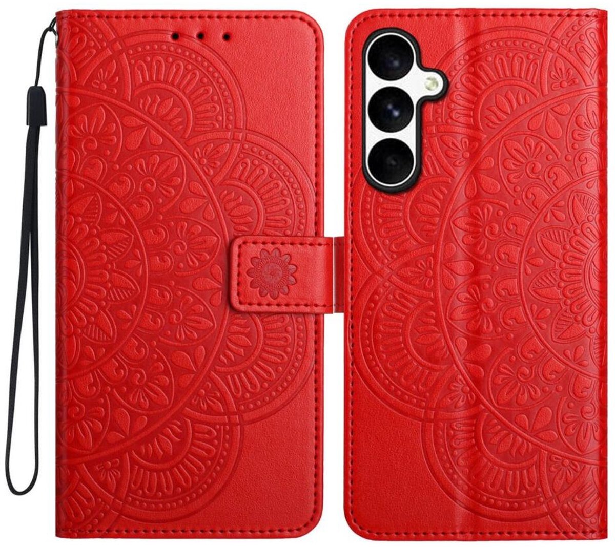Mandala Book Case Geschikt voor Samsung Galaxy S25 FE - Hoesje met Pasjeshouder Rood