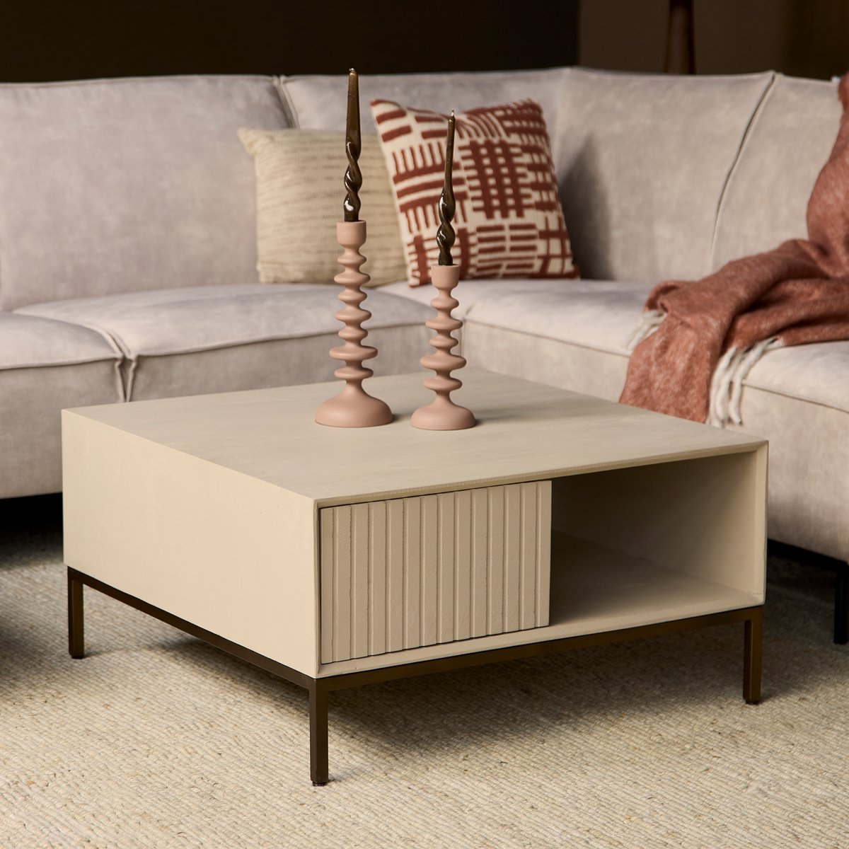 Meubels4nu - Salontafel Madison - Vierkant - Beige - Sand - 80x80cm - Bijzettafel - Twee lades - Snelle levering