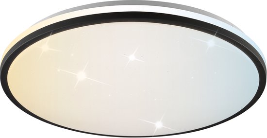 Ronde plafondlamp met zwarte rand, van warm wit naar koel wit licht met sterren-effect.