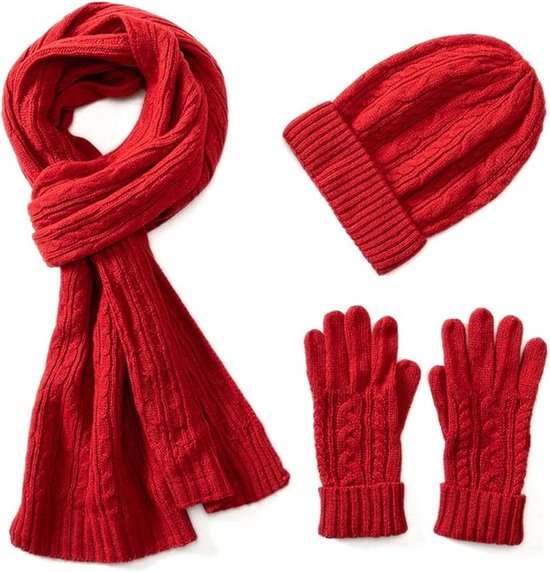 Ensemble hiver - Bonnet, cache-cou et Gants tricotés - Ultra chaud - Doublé laine - Bonnet - Cache-cou - Bonnet de ski bouffant chaud - Set bonnet, cache-cou et Gants d'hiver pour homme et femme - Pour le ski et les activités de Plein air - Rouge