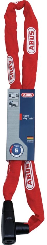 ABUS 6800 City Chain kettingslot in verpakking. Rood met witte ABUS logo's. Security Level 5.