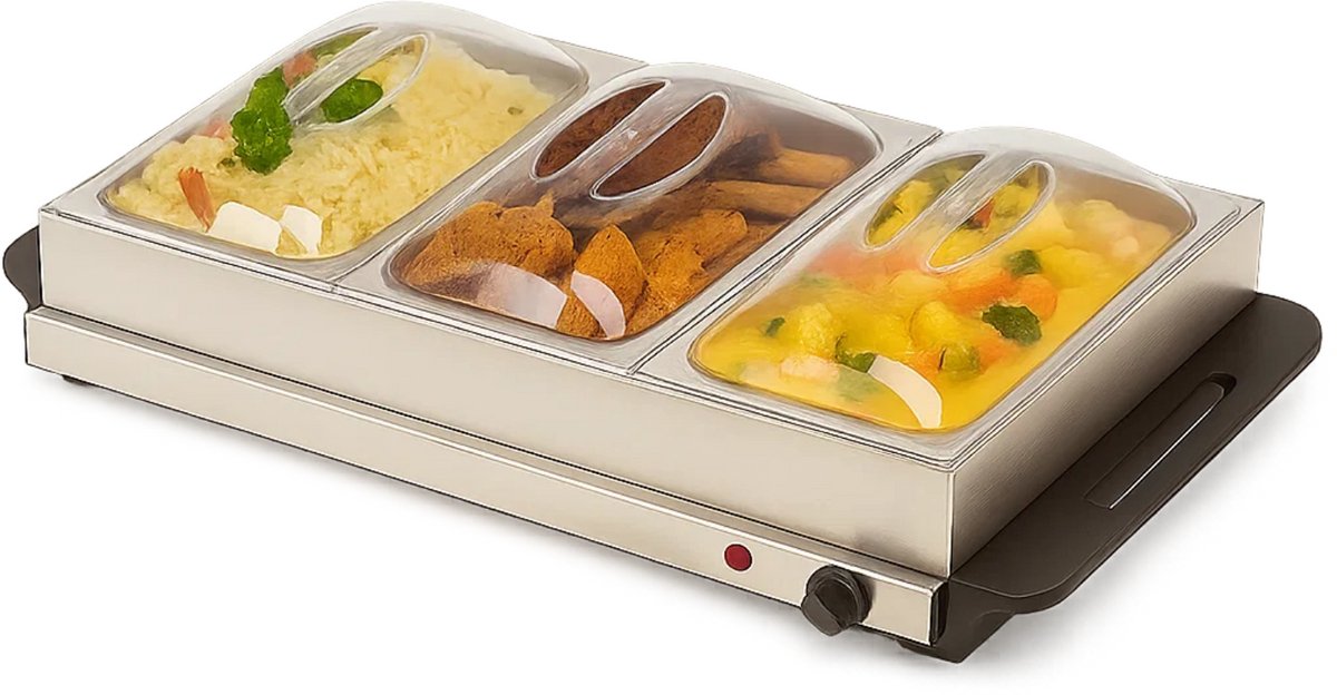 Lomera Elektrische Buffetwarmer - Warmhoudplaat - 300W Vermogen - Rvs Bakken - Transparant Deksel - Traploos Instelbaar - Oververhittingsbeveiliging - Antislip Voetjes - 3 Bakken - Geïsoleerde Handgrepen