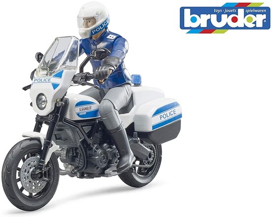 Politieagent op witte Ducati Scrambler motor, Bruder logo.