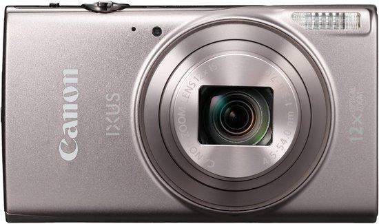 Zilverkleurige Canon IXUS met 12x optische zoomlens, flitser en markeringen.