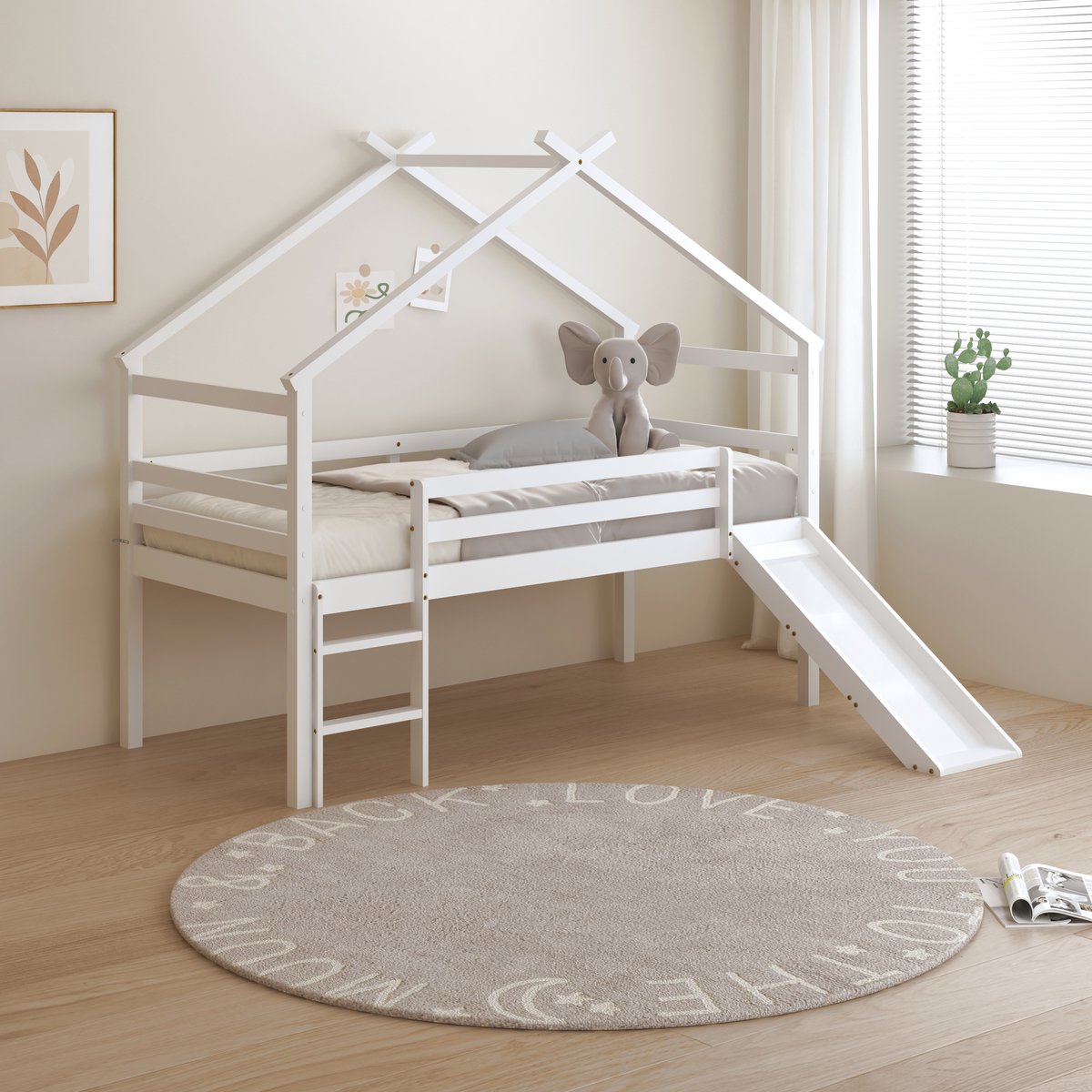 Sunny River Halfhoogslaper – Met Glijbaan – Met Uitvalbeveiliging en rechte ladder - Bedhuisje – 213 x 97 x 183 cm – Peuterbed Meisjes en Jongens – FSC 100% Hout – Huisbed 90x200 - Met Lattenbodem – Kinderbed - Exclusief Matras – Wit