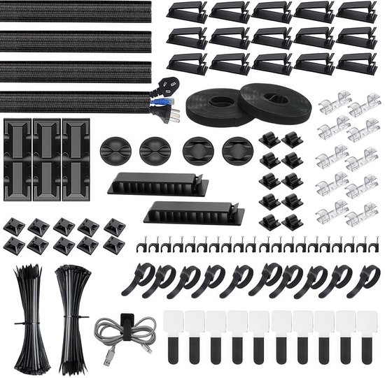 Une collection d'outils noirs de gestion de câbles, comprenant des attaches velcro, des clips de câble, des serre-câbles et des goulottes.