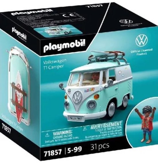 Playmobil Volkswagen T1 Camper speelgoedbus, met figuur, op witte achtergrond.
