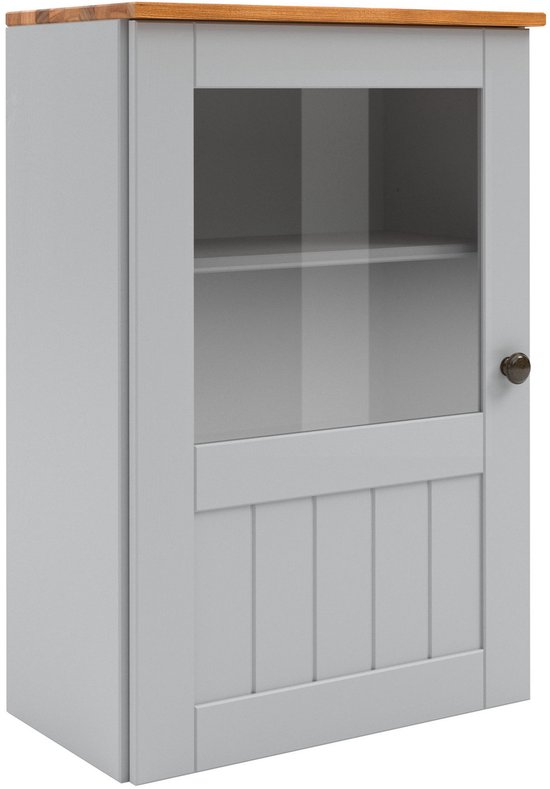 Grijze kast met houten bovenblad en een glazen deur met een houten paneel.