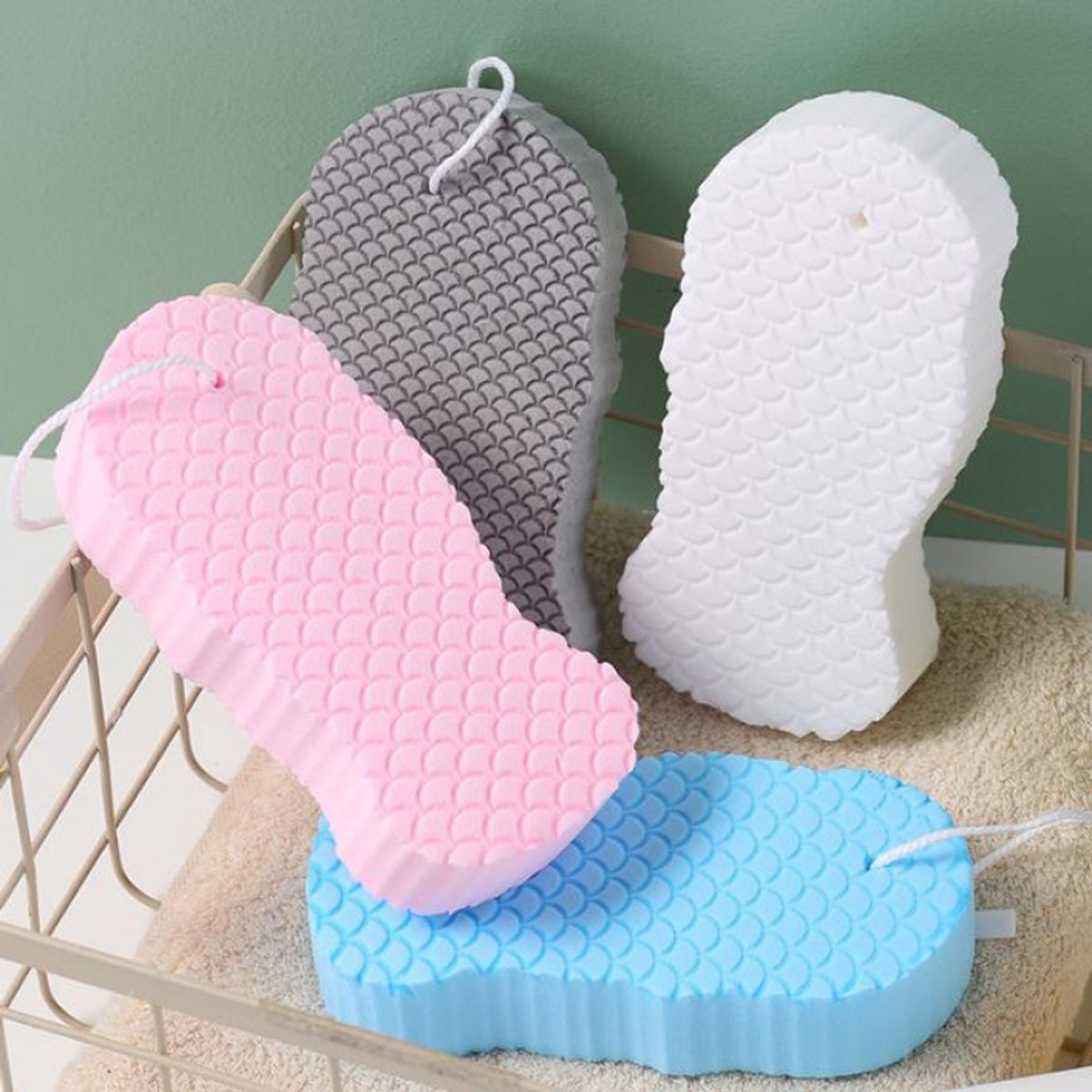Badspons - 4 Stuks - Scrubbing Spons - Soft Spons - PVA - Massage Spons - Accessoires Badkamer - Douche - Herbruikbaar - 13.5*6.7*2.6CM - Wit, Grijs, Blauw, Roze