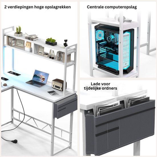 Gaming Bureau - Hoekbureau L-vorm - Thuiswerken Organiseren - Geïntegreerde Oplaadpoorten - 140 x 120 cm - Wit — afbeelding 2