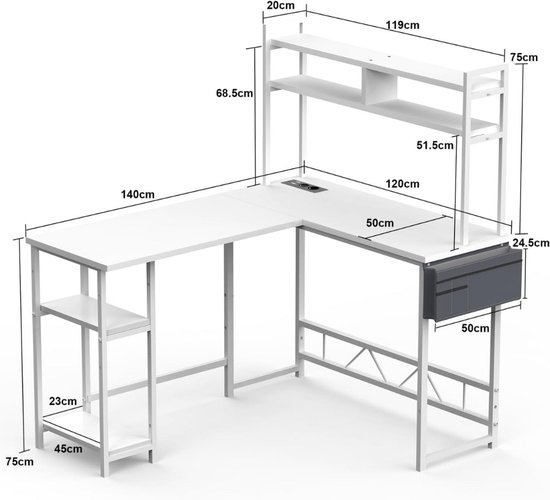 Gaming Bureau - Hoekbureau L-vorm - Thuiswerken Organiseren - Geïntegreerde Oplaadpoorten - 140 x 120 cm - Wit — afbeelding 3