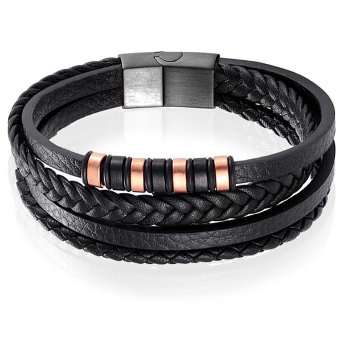 Leren heren armband Multi Mendes Edelstaal Zwart Rose - 22.5cm