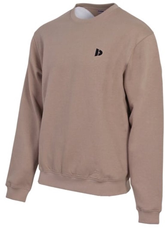 Donkerbeige sweater met zwart logo op de borst.