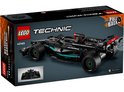 Zwarte LEGO Technic F1 raceauto met groene details, sponsorlogo's en 'Pull-Back' op de doos.