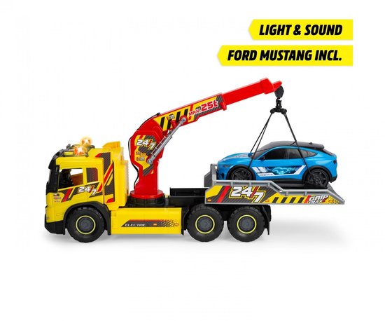 Gele takelwagen met rode kraan die een blauwe Ford Mustang op de laadbak zet. Bevat licht en geluid.