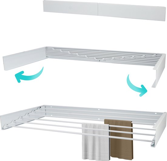 Le sèche-linge mural KROMS est pliable et dépliable. Deux sèche-linges blancs sont montrés, l'un avec deux serviettes.