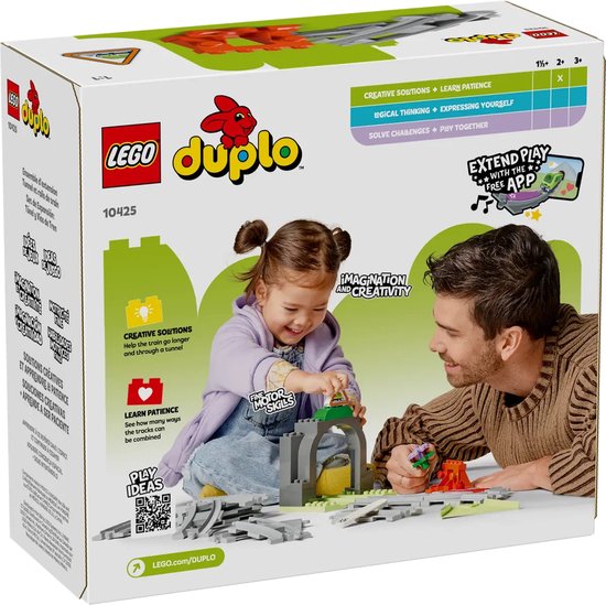 Achterkant van de LEGO Duplo trein tunnel en rails uitbreidingsset 10425 verpakking.