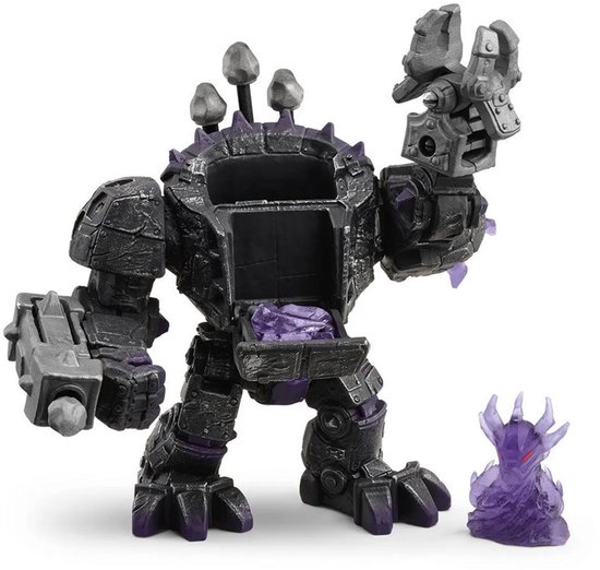 Grijze robot met paarse kristallen, met een uitneembaar paars monster op de voorgrond.
