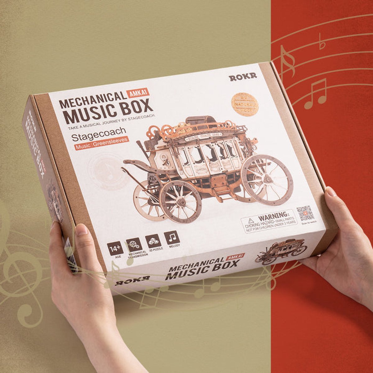 Robotime ROKR Stagecoach AMKA1 – Houten Bouwpakket Mechanische Muziekdoos – Speelt Greensleeves - 21,8 x 11,2 x 14,6 cm