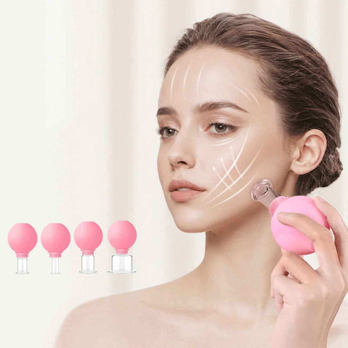 4-delige glazen cuppingset - glazen siliconen cups - massage vacuümzuignappen - cupping cups - facelifting Gua Sha - voor lichaam, gezicht, benen, armen, rug, schouders, spier- en gewrichtspijn (roze)