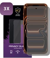 3x MobyDefend privacy glass screenprotector op de verpakking met een telefoon erop.