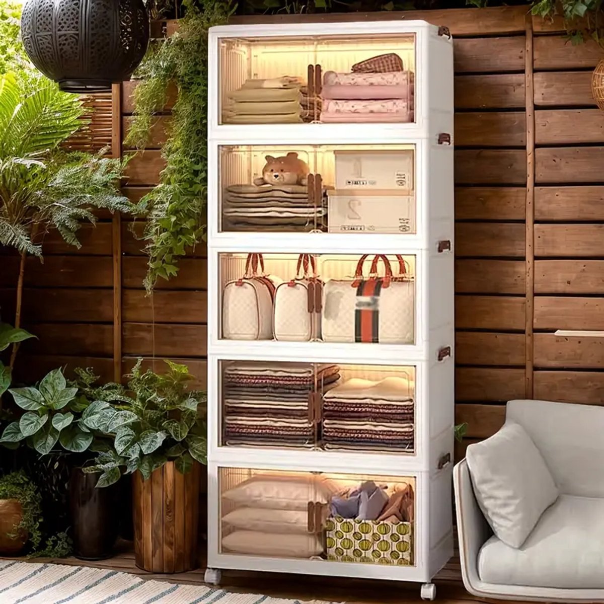 5 Lagen Opbergdozen met Deksel - 300L Groot Opbergdozen Opbergkast Opvouwbaar - Opbergkasten met wielen en deuren - Breedte 60cm- Opbergen Organizer stapelboxen - Opruimen - Keuken - Badkamer - Woonkamer - Slaapkamer
