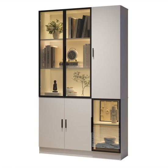 HOMCOM hoge kast keukenkast dressoir vitrinekast commode met lade glazen deuren veel opbergruimte voor keuken woonkamer MDF wit 68,6 x 40 x 164 cm