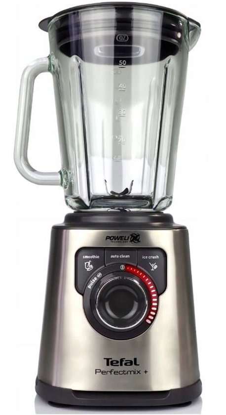 Tefal Perfectmix+ blender in geborsteld RVS met glazen kan en bedieningspaneel met functies.