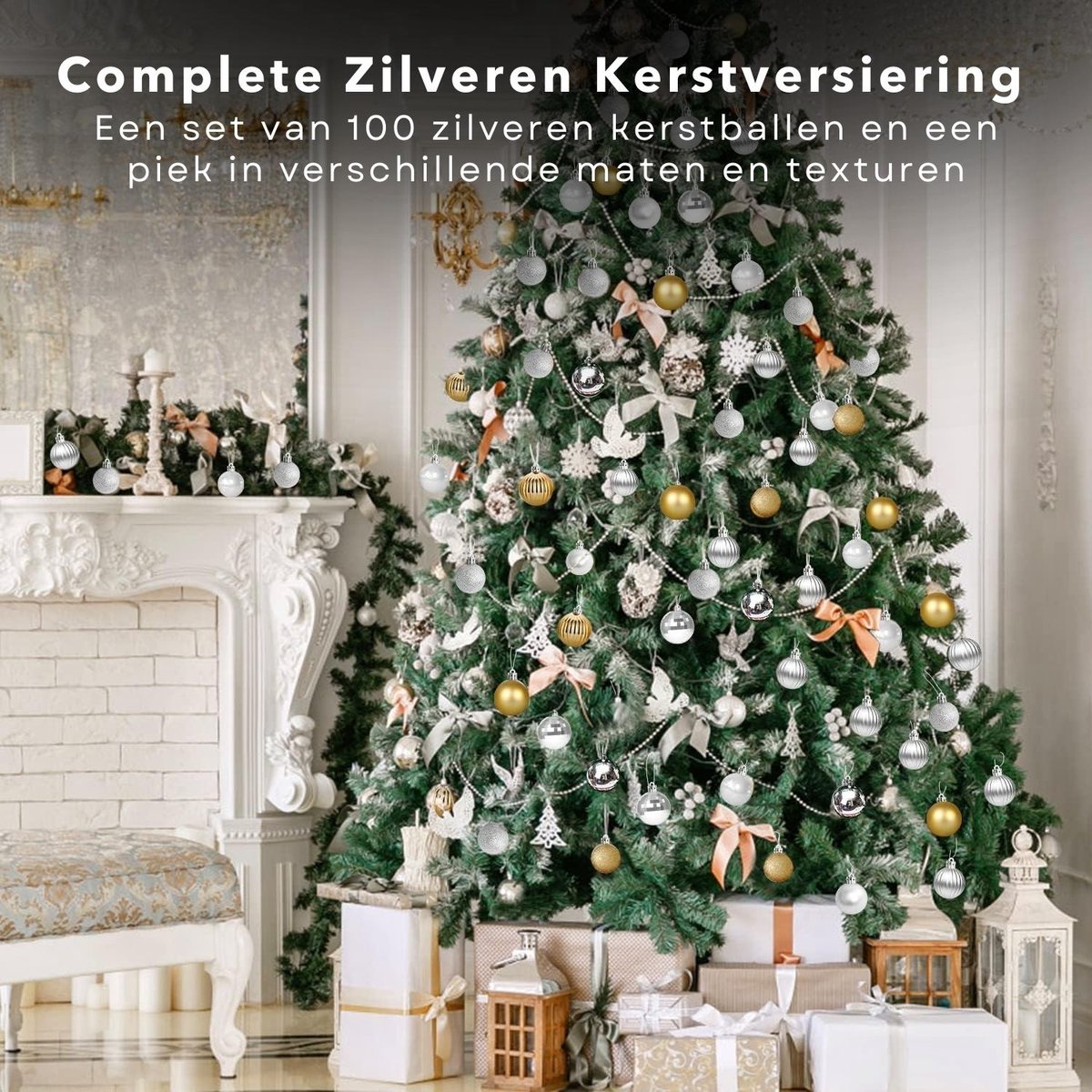 Cheqo® Luxe Kerstballen Set - Kerstballenset - Kerstdecoratie - Kerstboom Versieren - Kerstversiering - Onbreekbaar - Met Ophangoogje - Kerstversiering Kerstboom - Mat - Glans - Glitter - 101 Stuks - Zilver - Met Piek – foto 2