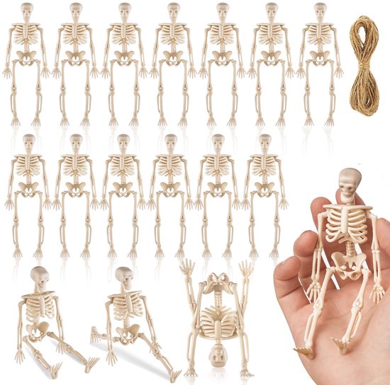 Mini Skelet Beeldjes, 10 stuks Halloween skelet decoratie mini, Halloween decoratie skelet klein, Mini Skeleton Halloween Decor Set, 10 Mini Skeletons, 10 Ropes