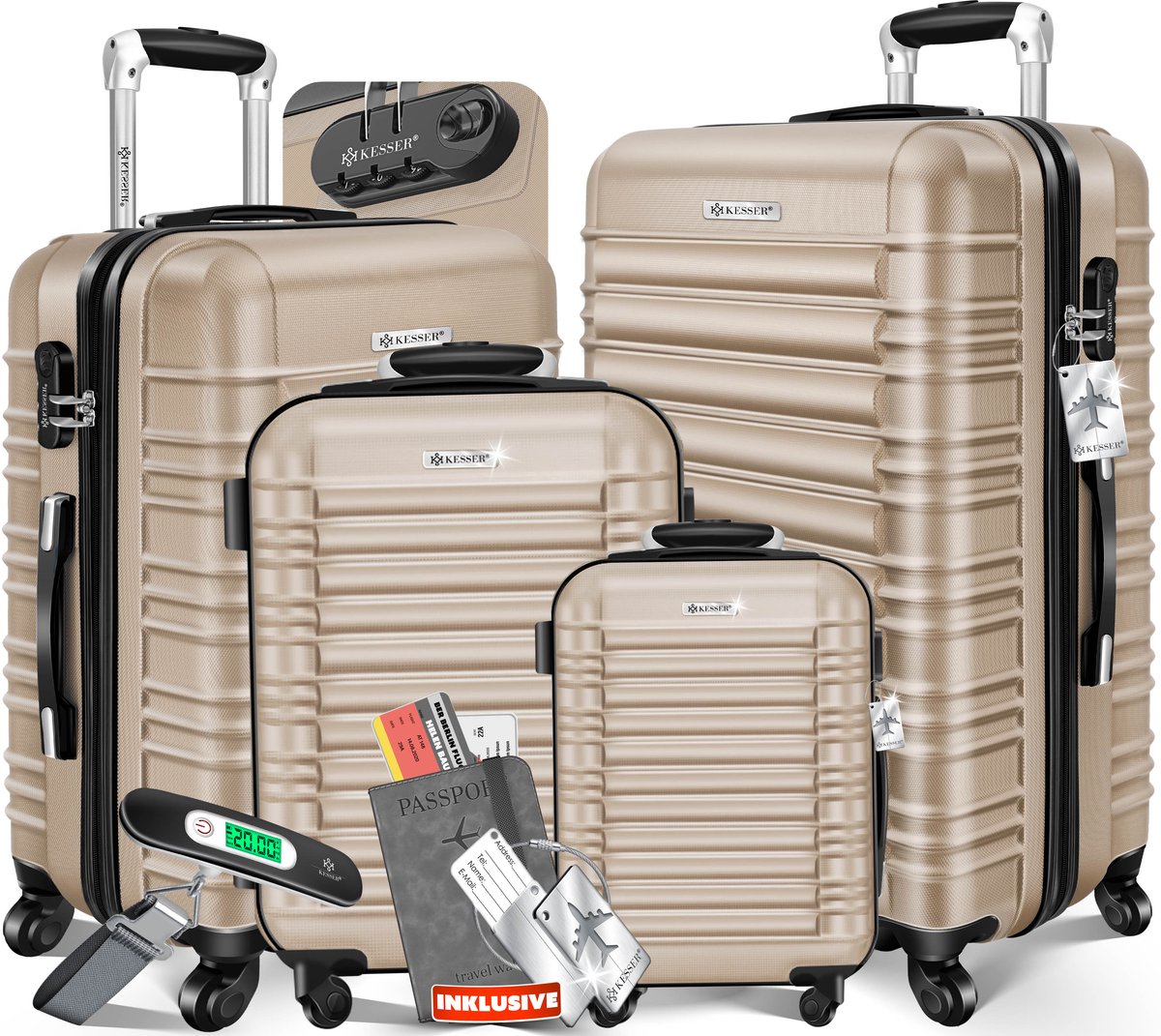 KESSER® 4x Koffer, reiskofferset, trolley koffer, incl. bagageweegschaal + bagagelabel rollend kofferslot, 4 wielen ABS, harde schaal telescoopgreep S-M-L-XL - Champagne