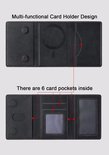 Zwarte portemonnee met vakindeling, tekst 'There are 6 card pockets inside'.